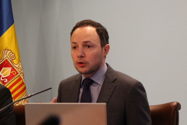 El ministre d'Afers Socials, Justícia i Interior, Xavier Espot, durant la seva compareixença a la roda de premsa posterior al consell de ministres.