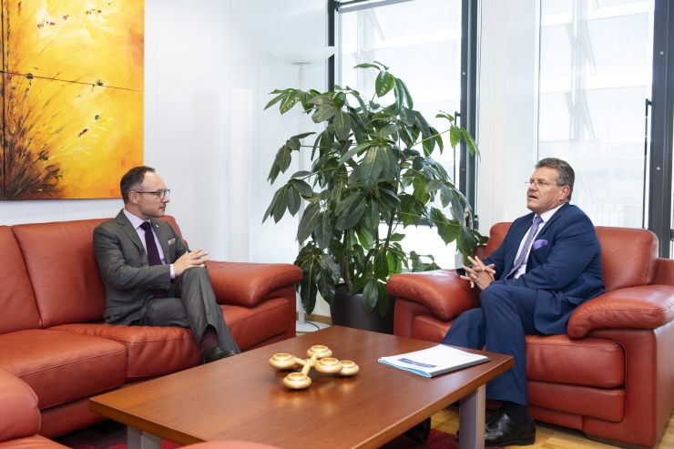 La trobada entre el cap de Govern, Xavier Espot, i el  vicepresident executiu de la Comissió Europea, Maroš Šefčovič, a Brussel·les.