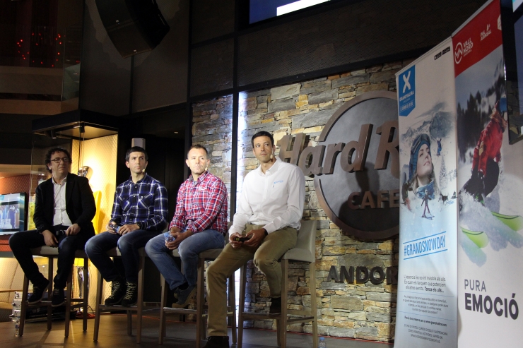 El gerent d'Andora Turisme, Betim Budzaku; el director d'Ordino Arcalís, Xabier Ajona; el director general de  Grandvalira-Nevasa, Alfonso Torreño, i el director de Pal Arinsal, Josep  Marticella, durant la presentació de la temporada a les estacions.