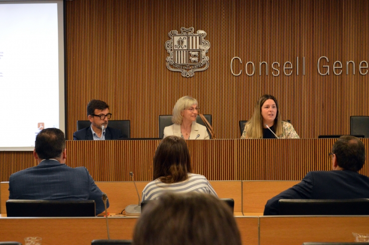 Un moment de la compareixença de la presidenta del consell d'administració de la CASS, Montserrat  Capdevila, i el president de la comissió gestora del fons de reserva de jubilació, Jordi Cinca, al Consell General.
