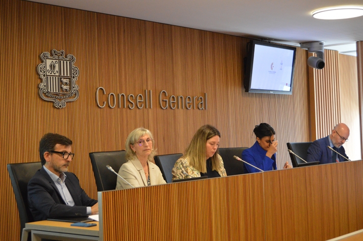 Un moment de la compareixença de la presidenta del consell d'administració de la CASS, Montserrat  Capdevila, i el president de la comissió gestora del fons de reserva de jubilació, Jordi Cinca, al Consell General.