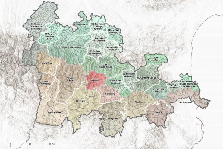 Mapa del territori de l'Àrea Funcional de Muntanya Est del programa Interreg Poctefa.
