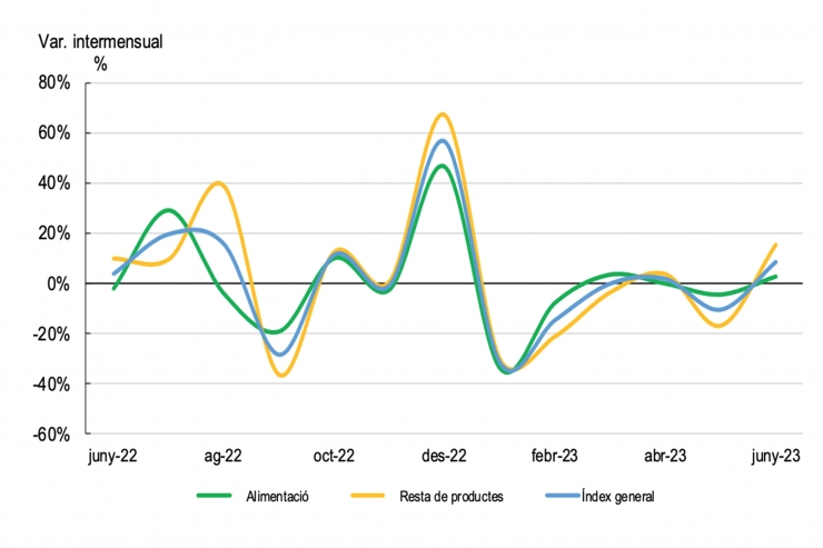Gràfic que mostra la variació intermensual de l'índex de vendes de grans superfícies (juny 2022 - juny 2023).