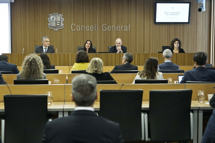 El president de l'Institut Nacional de l'Habitatge (INH), Josep Maria Pla, durant la seva exposició davant la comissió legislativa d'Afers Socials i Igualtat, Política Territorial, Urbanisme i Medi Ambient.