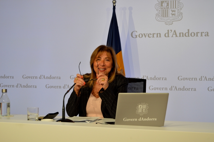 La ministra de Presidència, Economia, Treball i Habitatge, Conxita  Marsol, durant la roda de premsa d'aquest dimarts a la tarda.