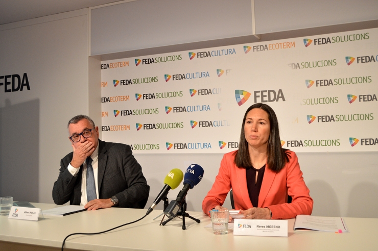 El director general i la directora de Sostenibilitat, Comunicació i Relació amb els Clients de  FEDA, Albert Moles i Nerea Moreno, durant la roda de premsa de presentació del pla d'igualtat.