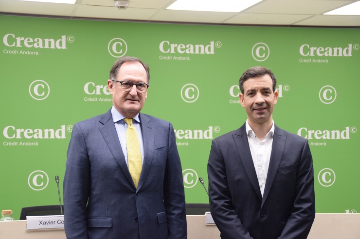 El conseller delegat de Creand Crèdit Andorrà, Xavier Cornella, i el president de la Trobada Empresarial al Pirineu, Josep Serveto, durant la presentació de la 35a Trobada Empresarial al Pirineu.