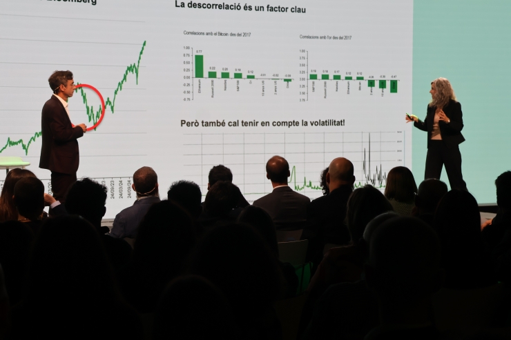 El moderador i economista Javier Molina, expert en actius digitals i col·laborador econòmic a El Confidencial, i la directora de Carteres Multiactius i Clients Institucionals de Creand Asset Management, Jadwiga Kitovitz.