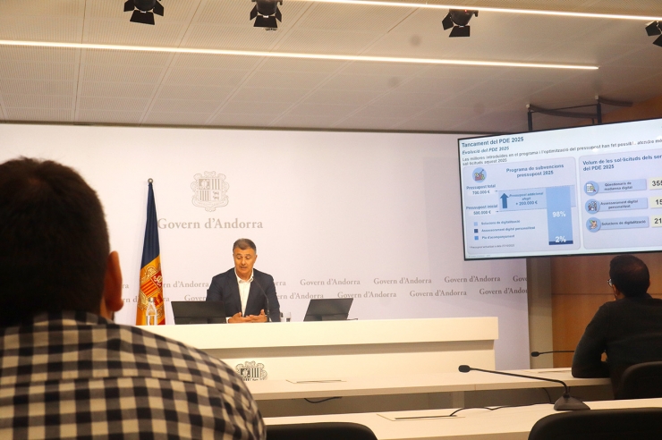 El ministre de Funció Pública i Transformació Digital, Marc Rossell, durant la roda de premsa de balanç del programa de digitalització d'empreses.